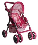 Коляска для кукол открытая с козырьком розовая с кружочками Премиум