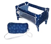 Кроватка манеж для куклы синяя с белым принтом с сумочкой