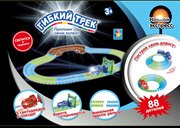 Гибкий трек для машинок "Ночной Экспресс" с поездом, воротами и мостом светится в темноте конструктор 1Toy 82 детали