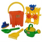 Игрушки для песочницы Набор №472 песочная мельница, ведро-крепость, лопатка, грабельки, кораблик, лейка Wader Полесье 45164